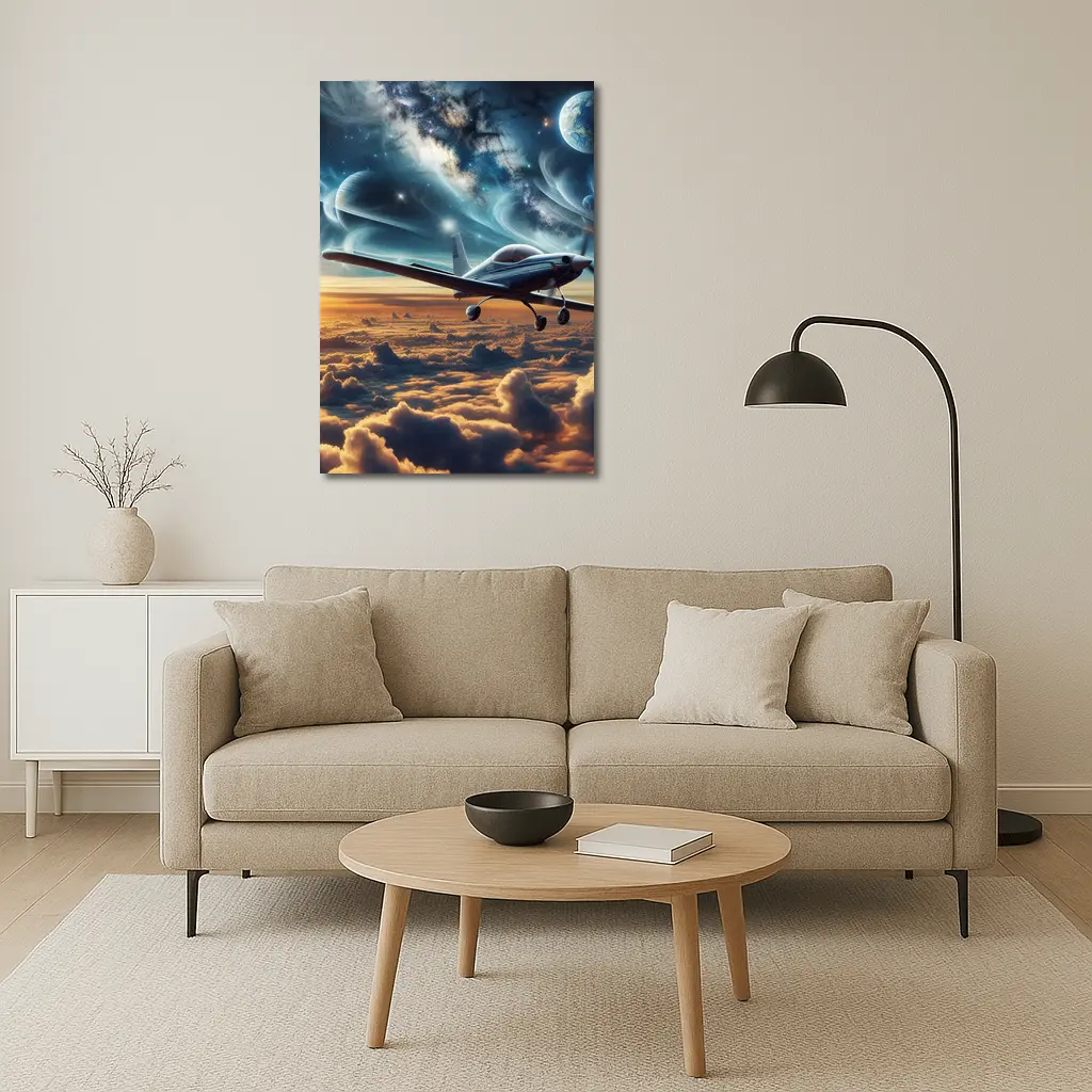 Small Airplane Flying Above Clouds Space – Wall Art