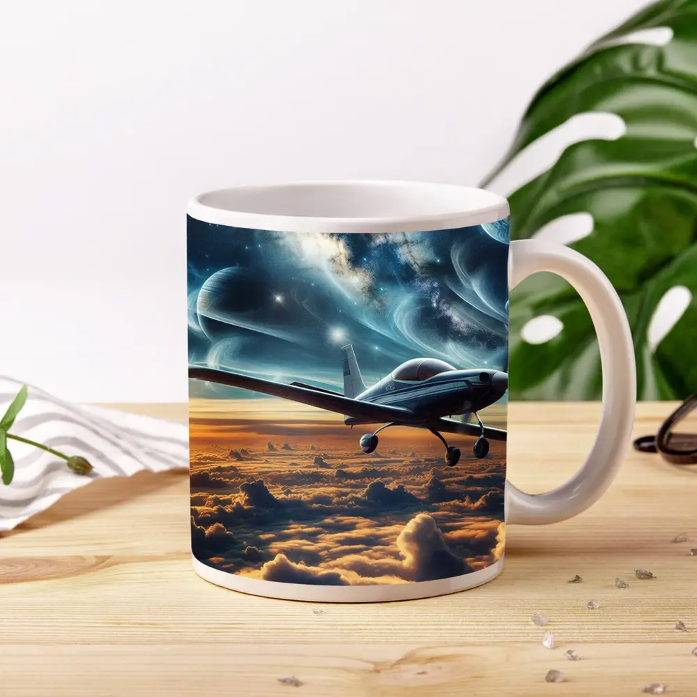 Small Airplane Flying Above Clouds Space – Mugs