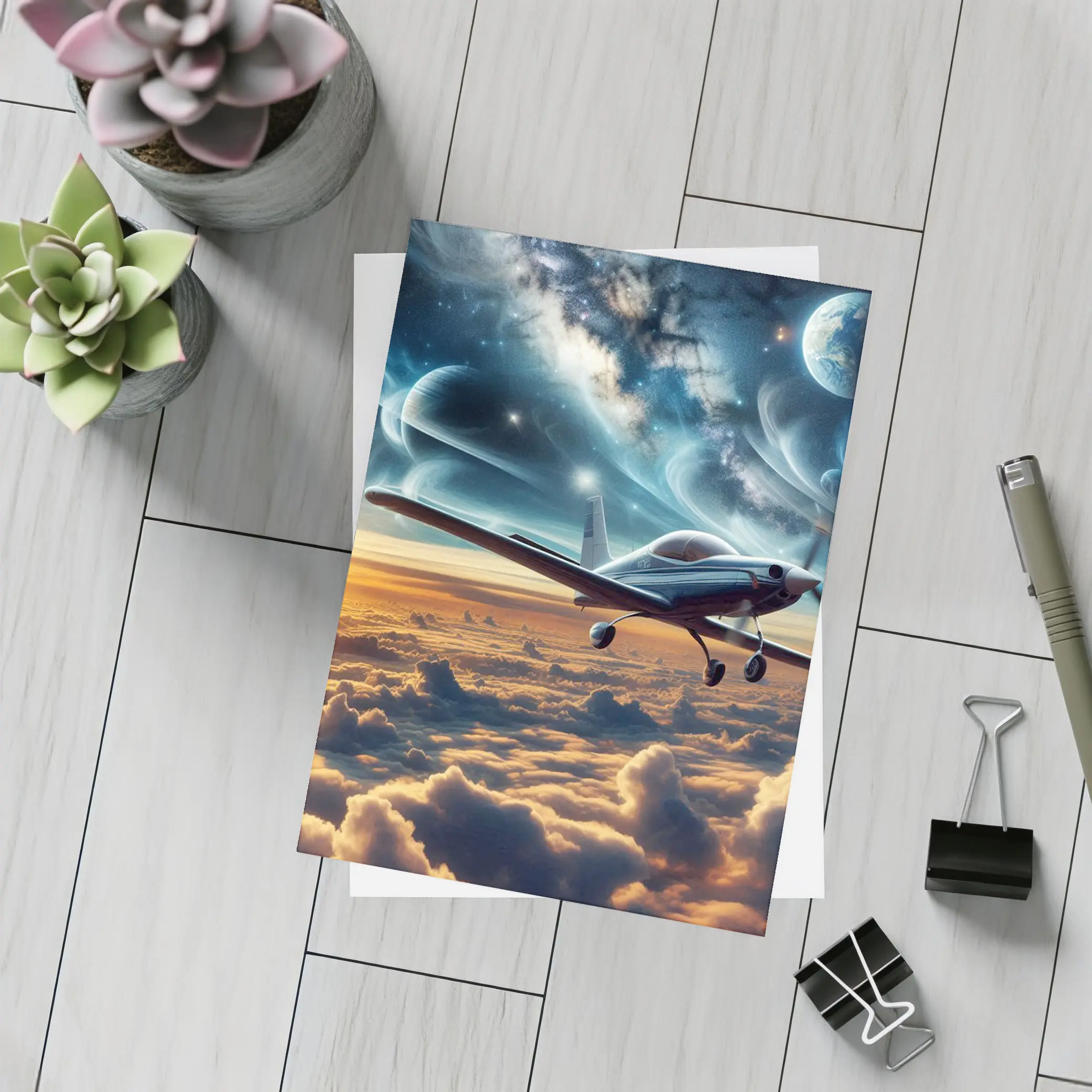 Small Airplane Flying Above Clouds Space – Postcards