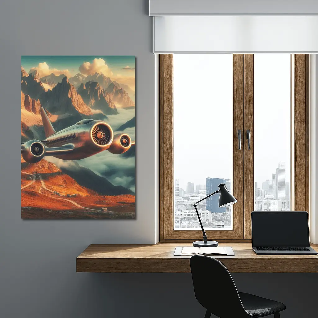 Futuristic Airplane Flying Over Mountain Landscape – Wall Art