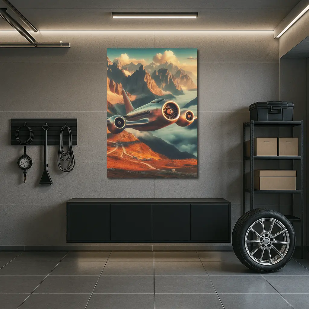 Futuristic Airplane Flying Over Mountain Landscape – Wall Art