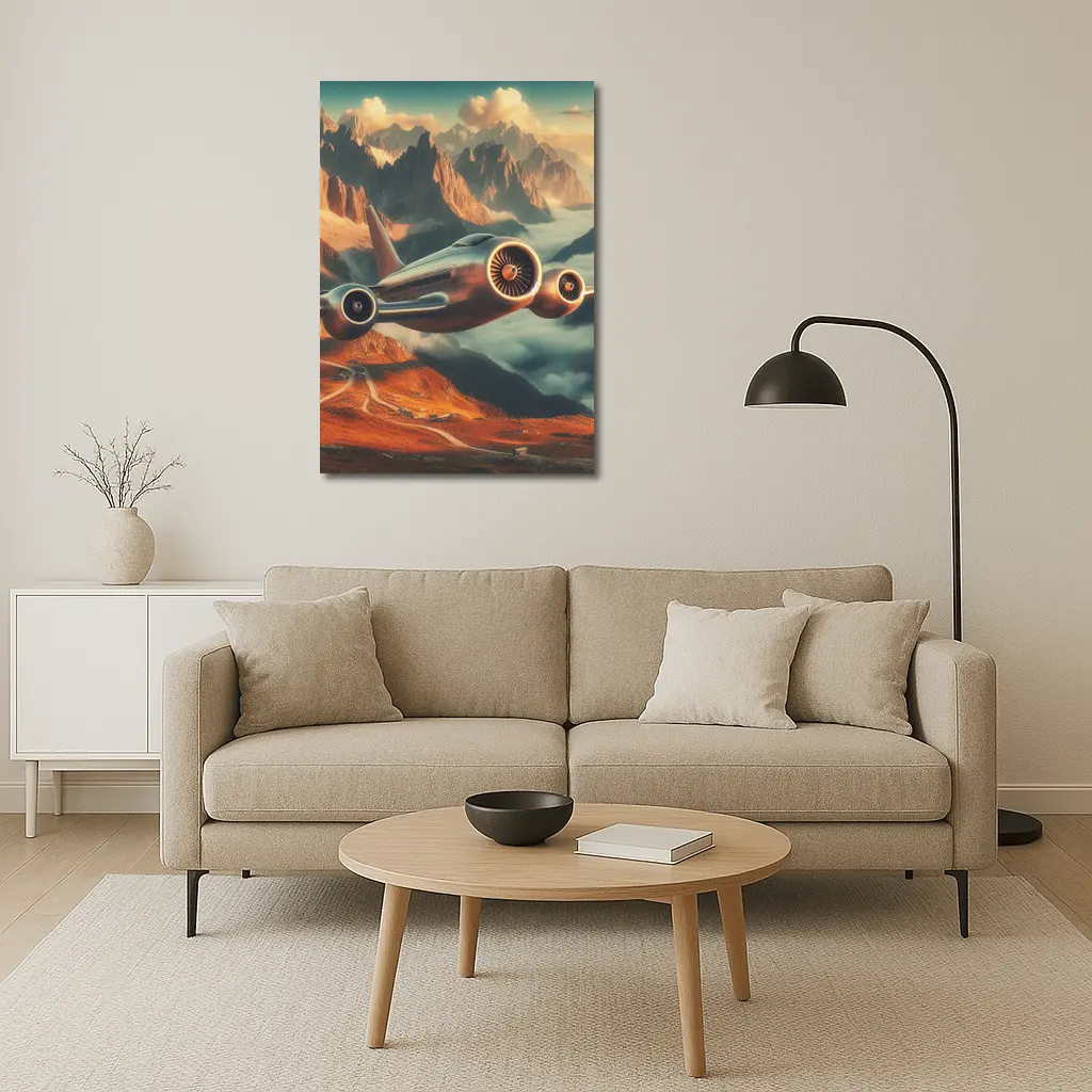 Futuristic Airplane Flying Over Mountain Landscape – Wall Art