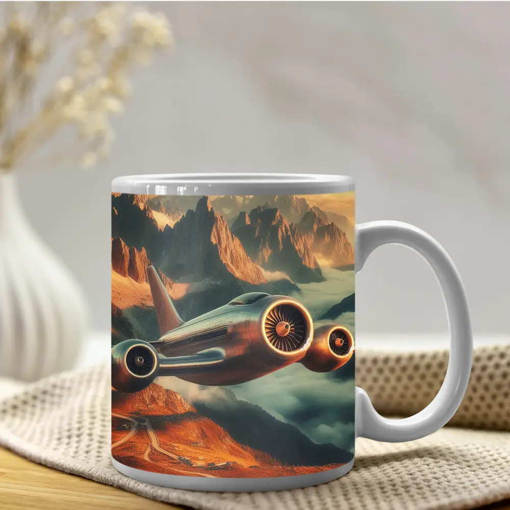 Futuristic Airplane Flying Over Mountain Landscape – Mugs