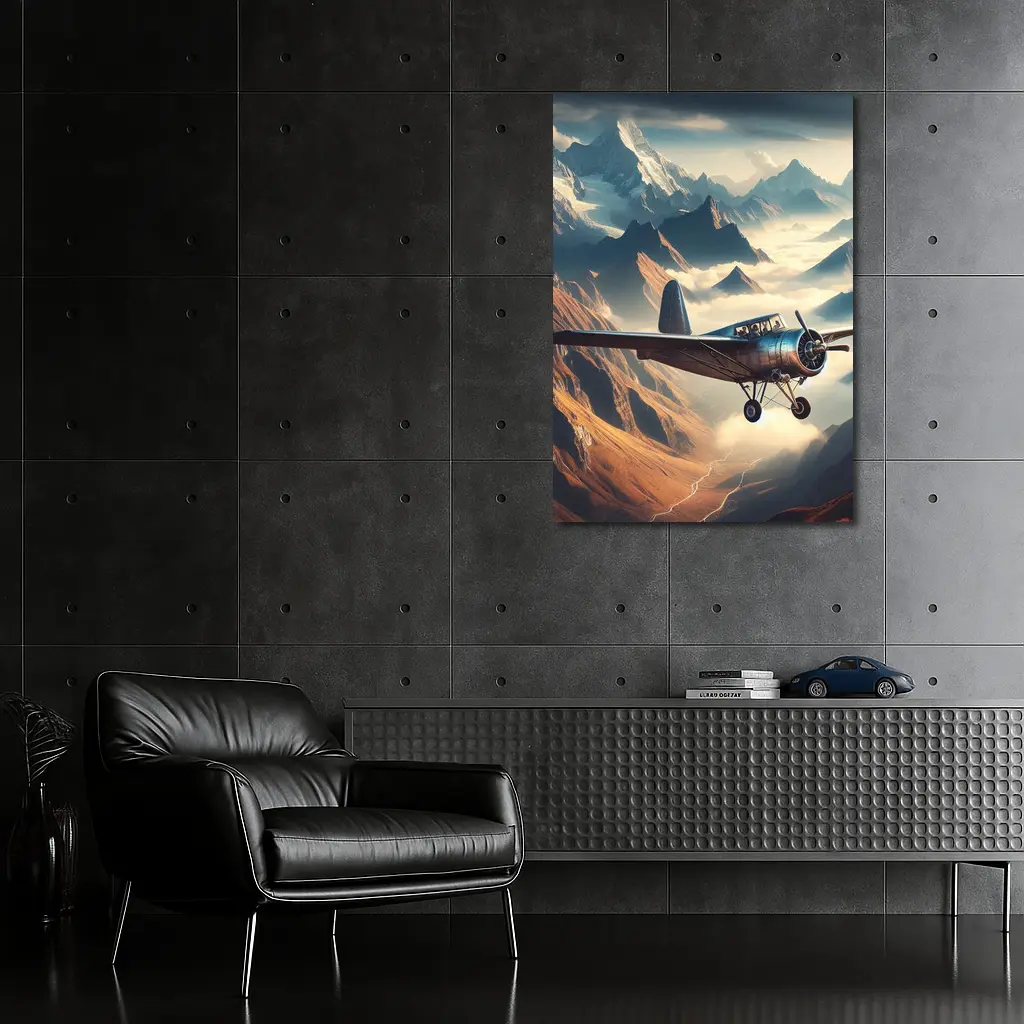 Vintage Propeller Plane Flying Over Mountains – Wall Art