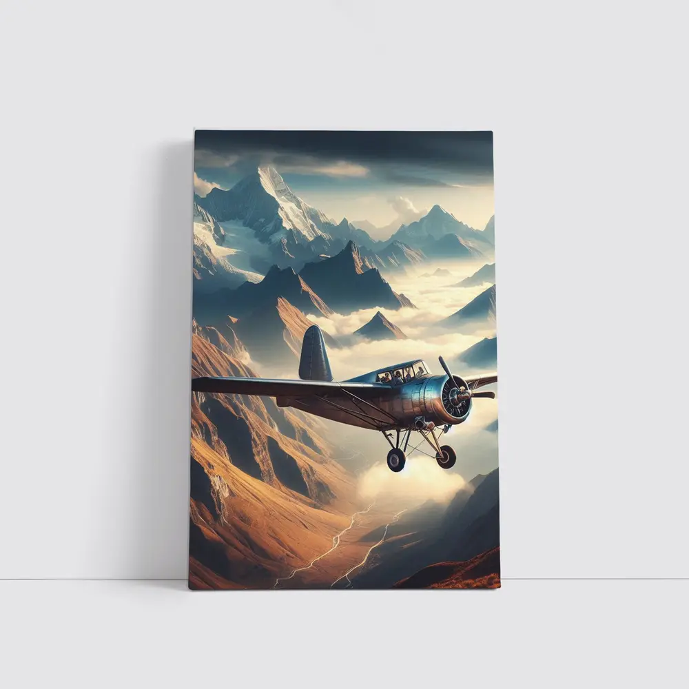 Vintage Propeller Plane Flying Over Mountains – Wall Art