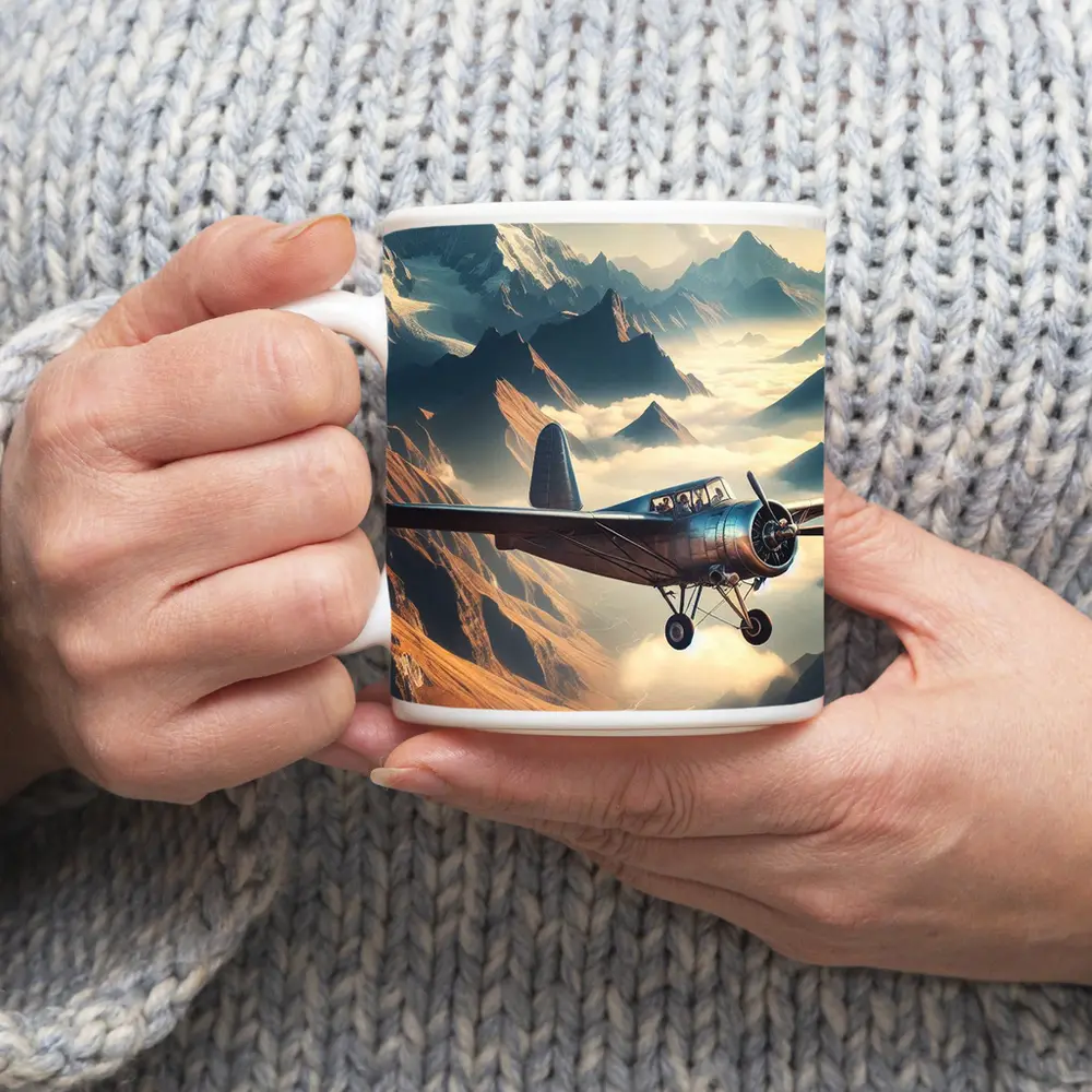 Vintage Propeller Plane Flying Over Mountains – Mugs