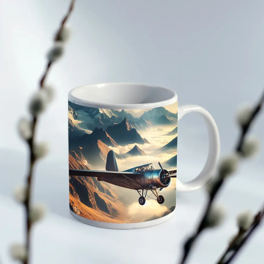 Vintage Propeller Plane Flying Over Mountains – Mugs