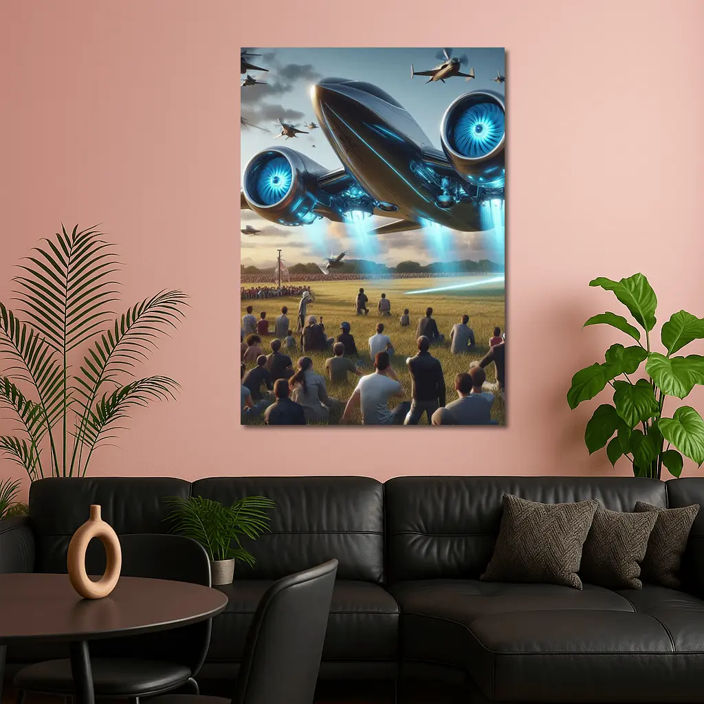 Futuristic Aircraft Over Crowd Open Field – Wall Art