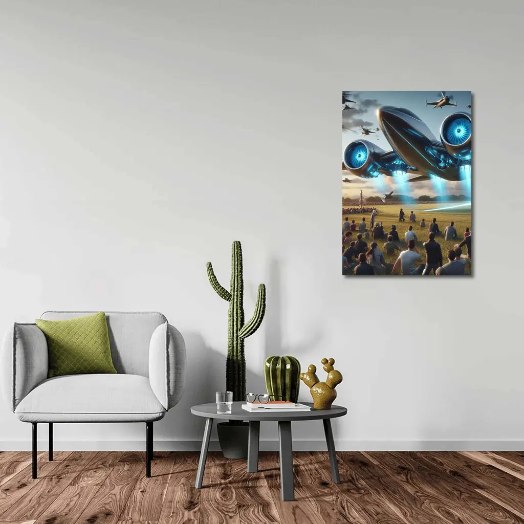Futuristic Aircraft Over Crowd Open Field – Wall Art