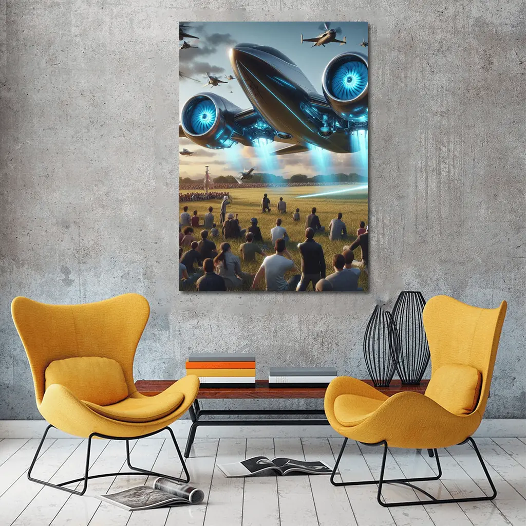 Futuristic Aircraft Over Crowd Open Field – Wall Art