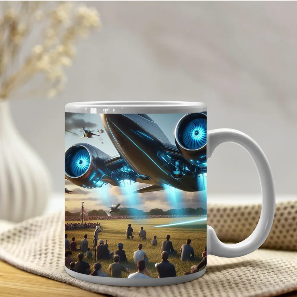 Futuristic Aircraft Over Crowd Open Field – Mugs