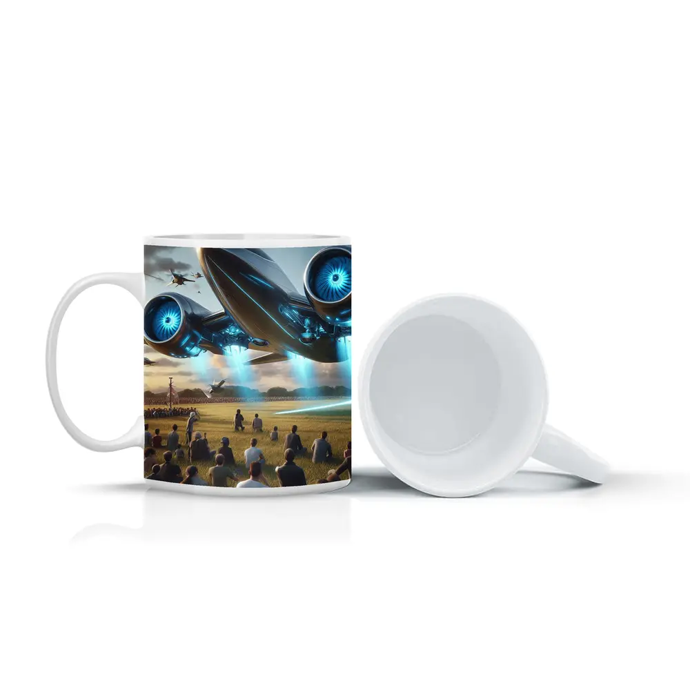 Futuristic Aircraft Over Crowd Open Field – Mugs
