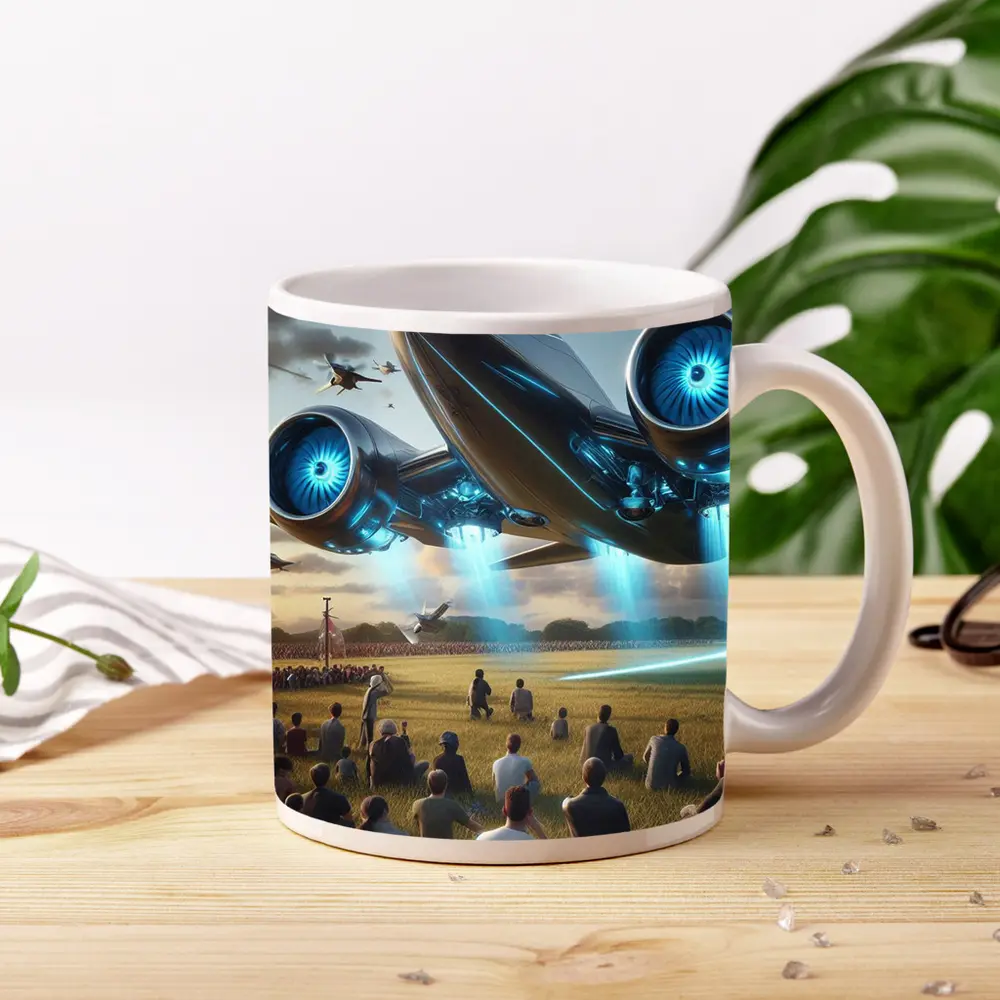 Futuristic Aircraft Over Crowd Open Field – Mugs