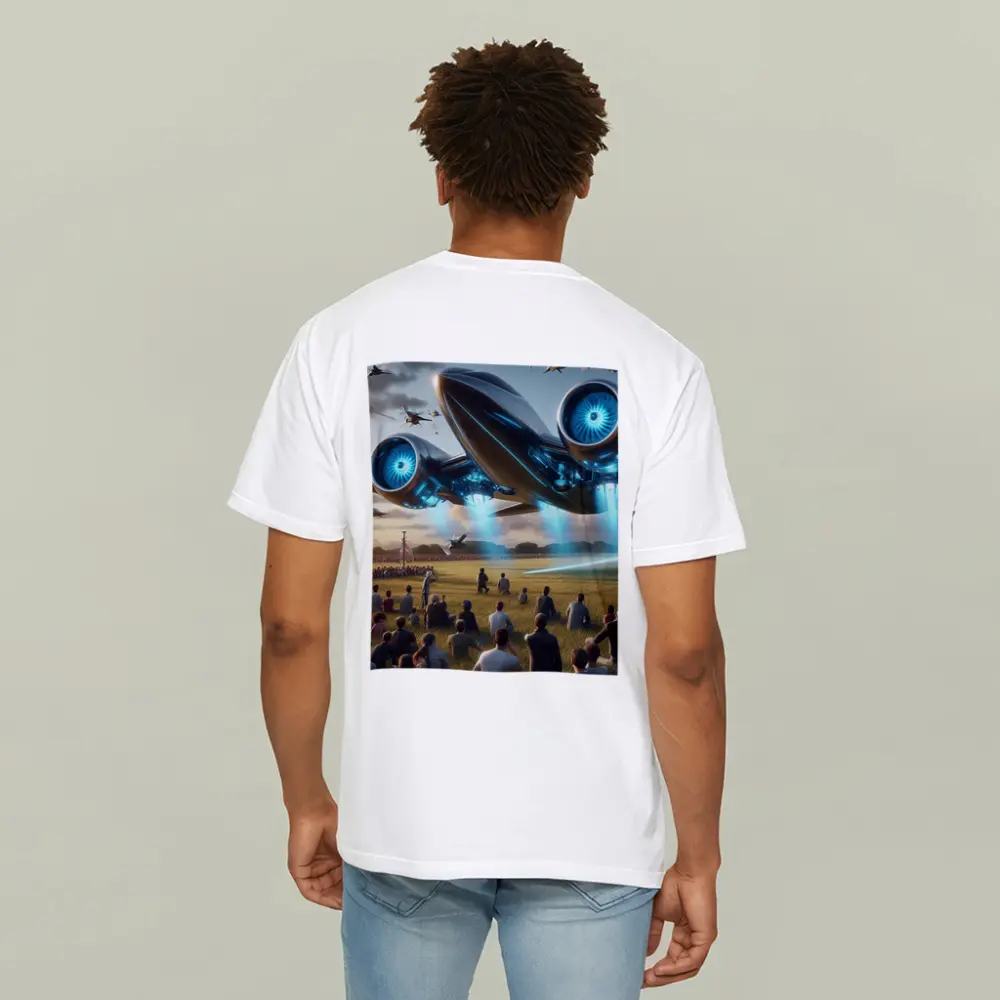 Futuristic Aircraft Over Crowd Open Field – T-Shirts