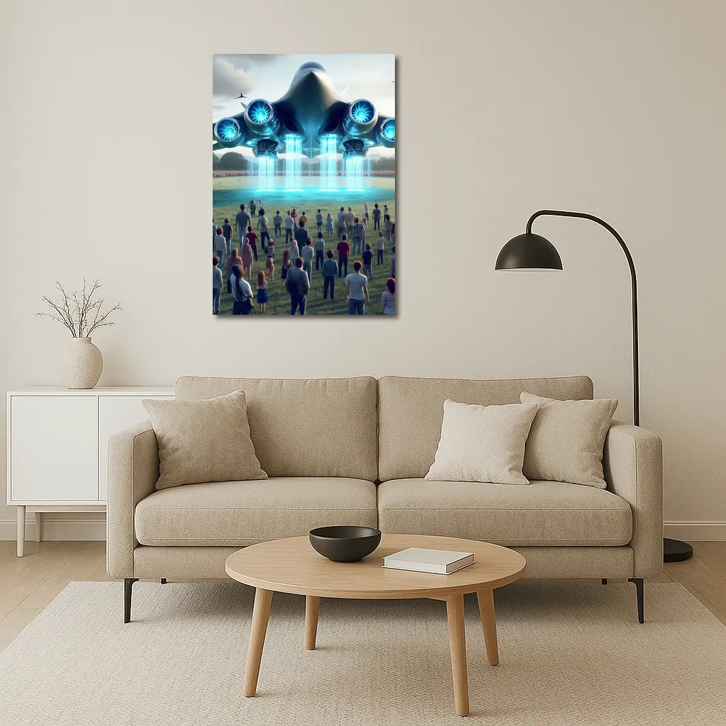 Futuristic Aircraft Hovering Over Crowd Field – Wall Art