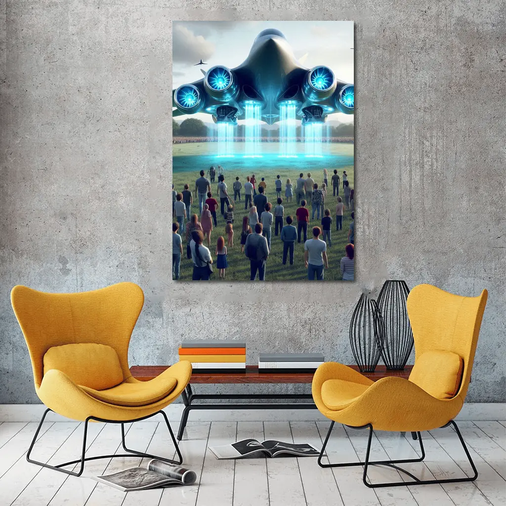 Futuristic Aircraft Hovering Over Crowd Field – Wall Art