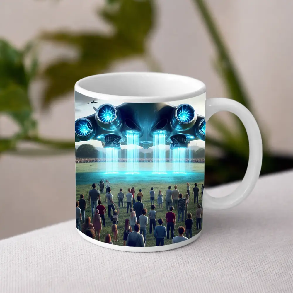 Futuristic Aircraft Hovering Over Crowd Field – Mugs