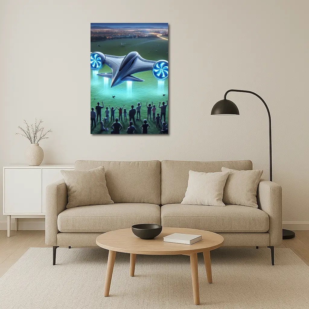 Futuristic Flying Craft Over Crowd Night – Wall Art