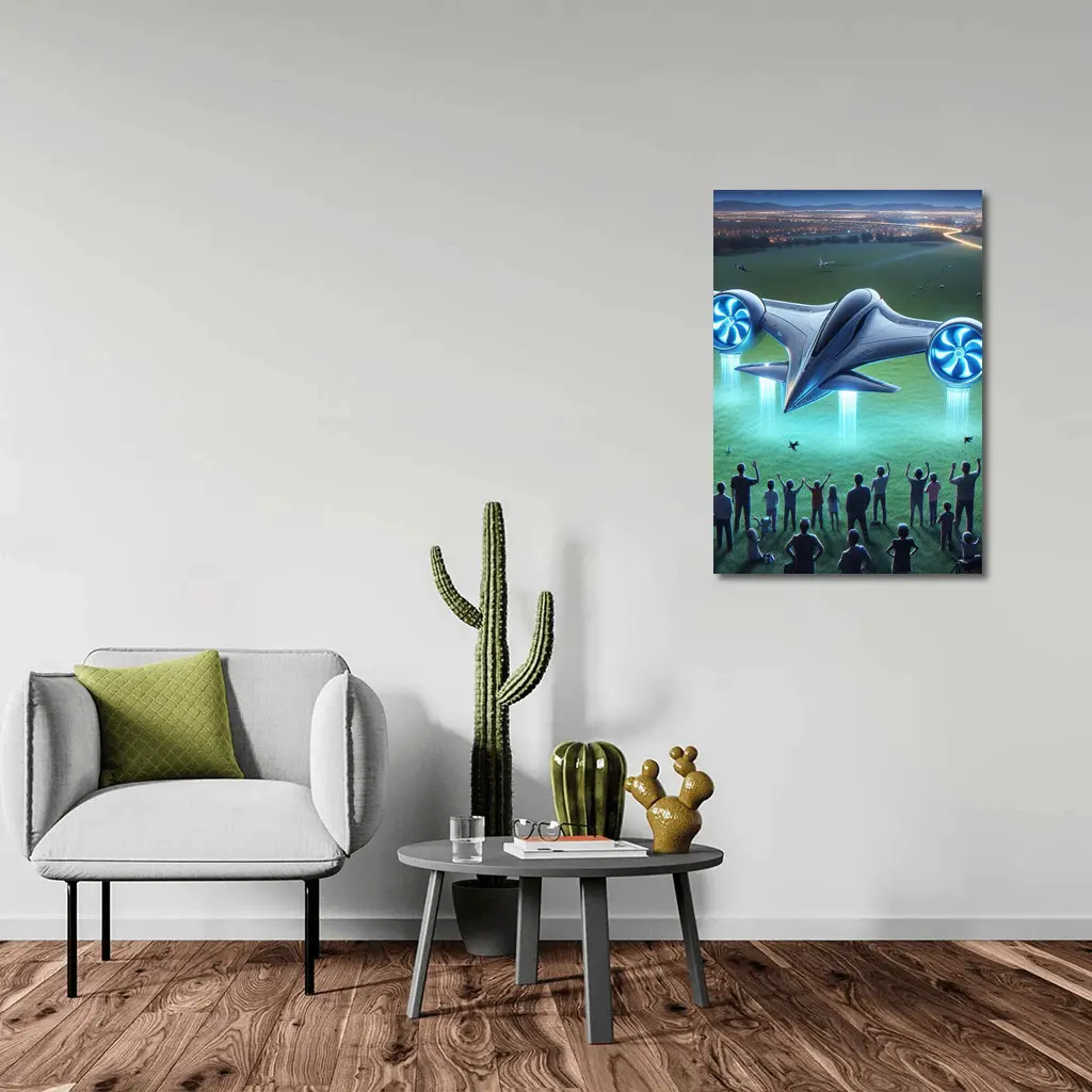 Futuristic Flying Craft Over Crowd Night – Wall Art