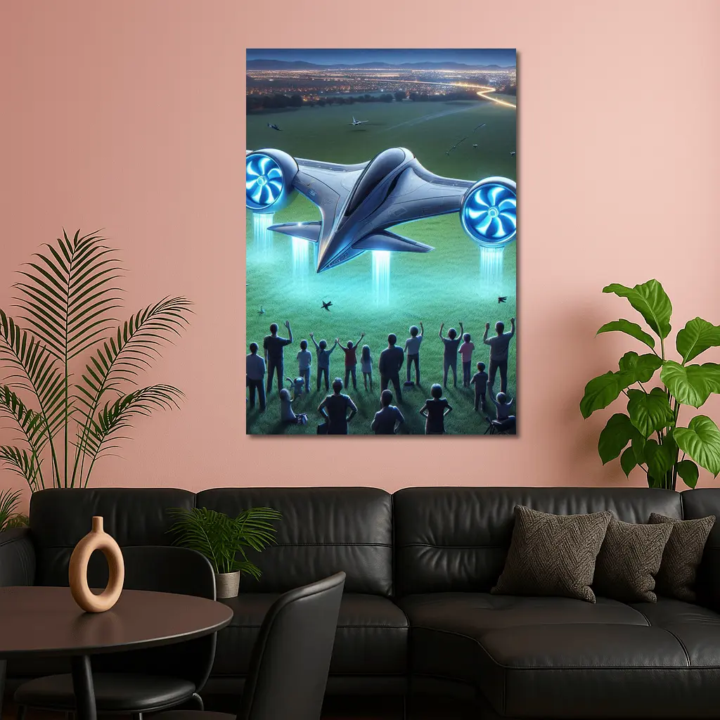 Futuristic Flying Craft Over Crowd Night – Wall Art