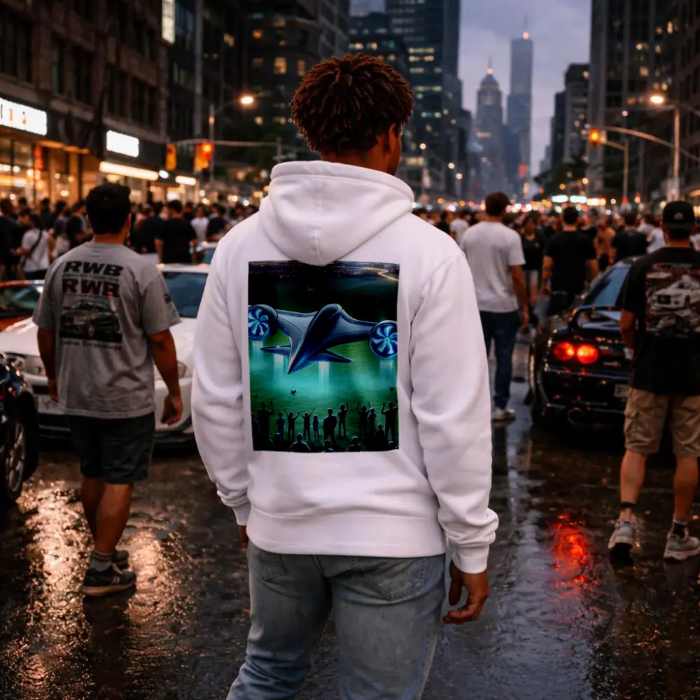 Futuristic Flying Craft Over Crowd Night – Hoodies