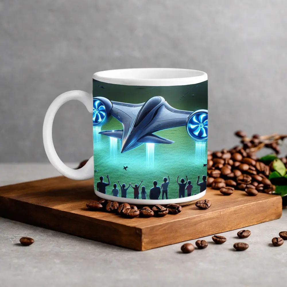 Futuristic Flying Craft Over Crowd Night – Mugs