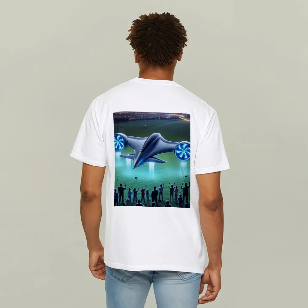 Futuristic Flying Craft Over Crowd Night – T-Shirts