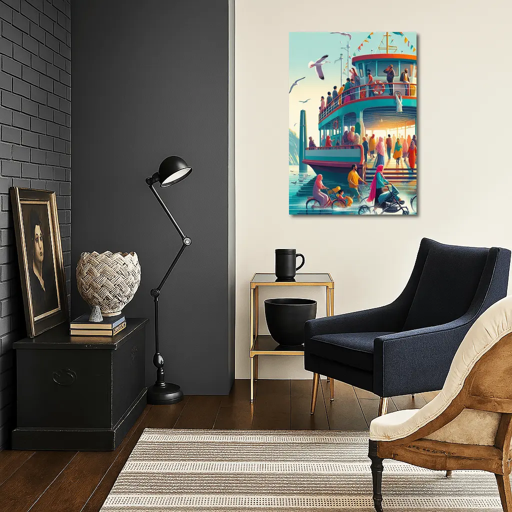 Colorful Ferry Dock Crowd Illustration Art – Wall Art