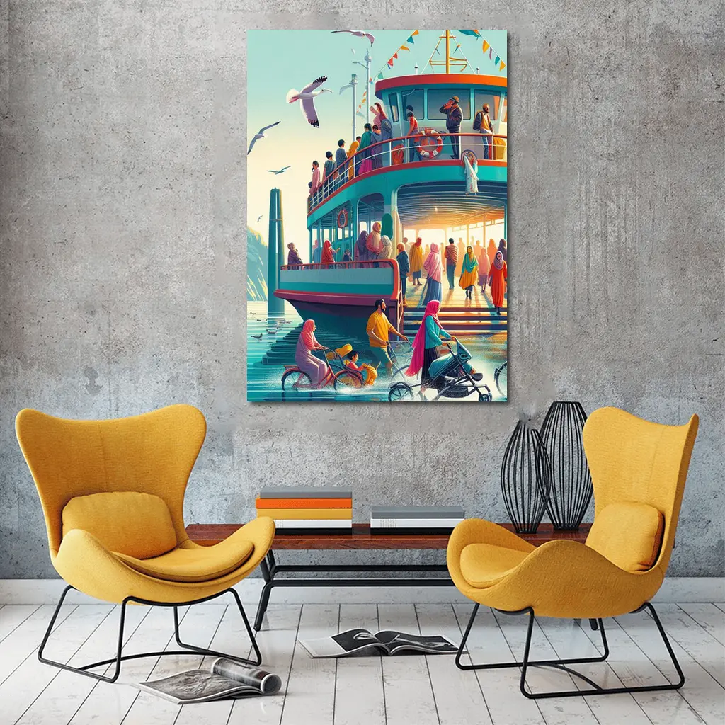 Colorful Ferry Dock Crowd Illustration Art – Wall Art