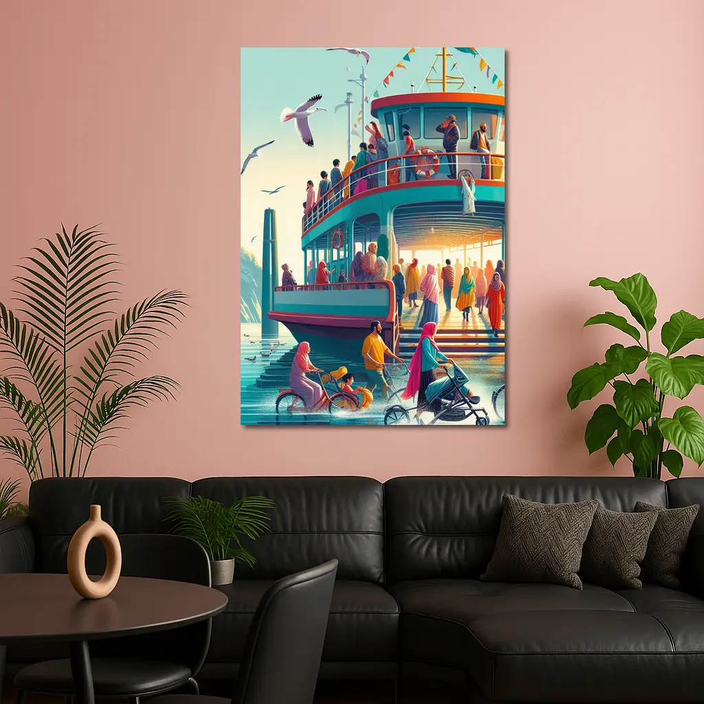 Colorful Ferry Dock Crowd Illustration Art – Wall Art