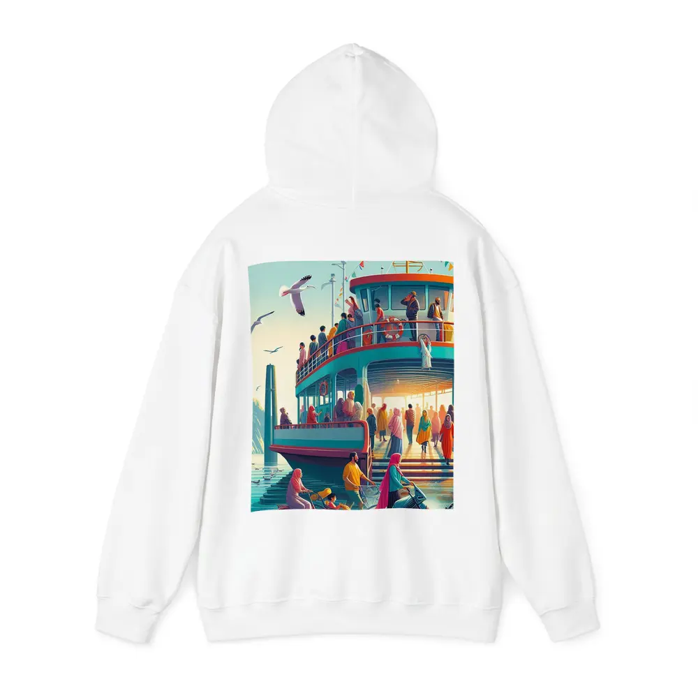 Colorful Ferry Dock Crowd Illustration Art – Hoodies