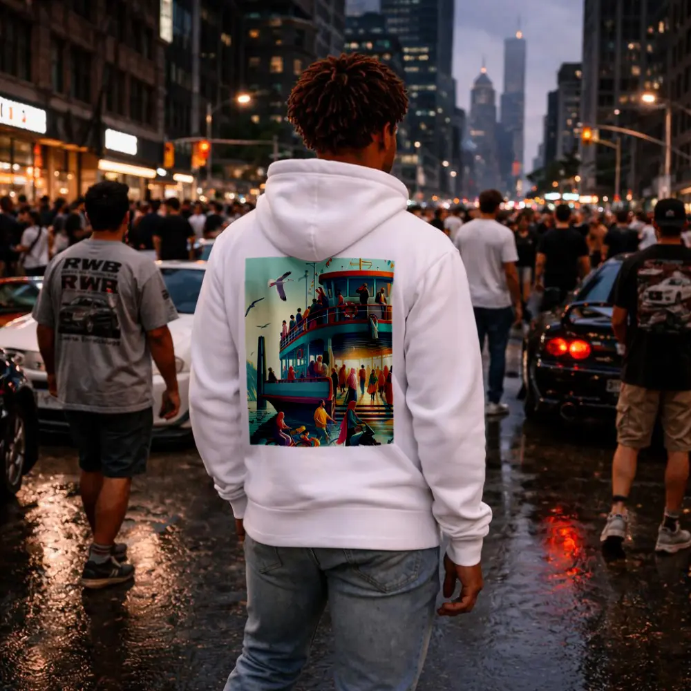 Colorful Ferry Dock Crowd Illustration Art – Hoodies