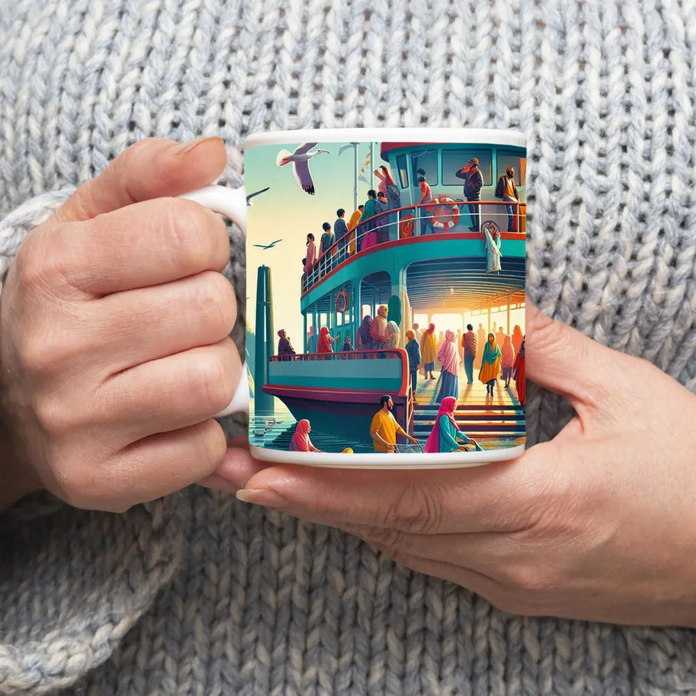 Colorful Ferry Dock Crowd Illustration Art – Mugs