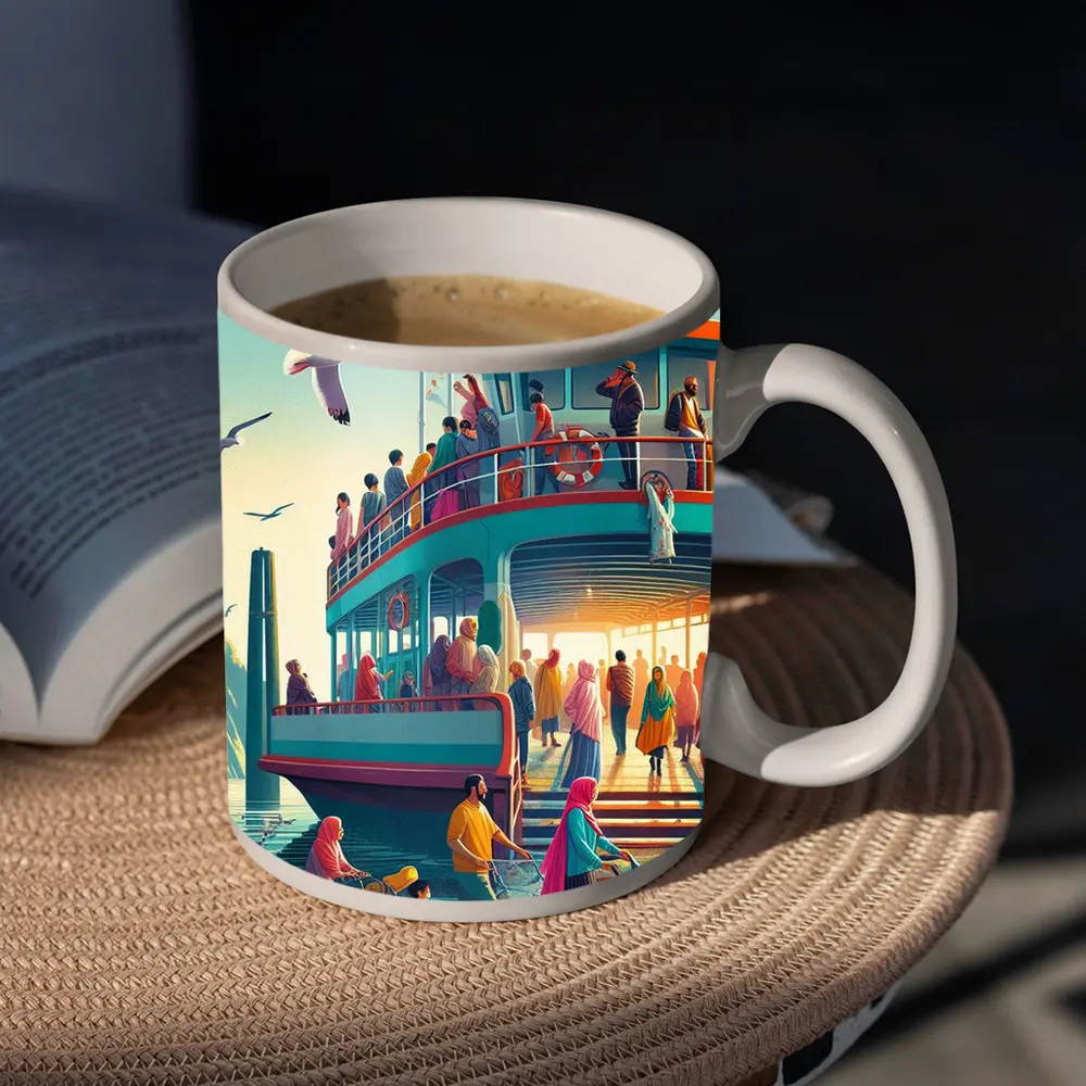 Colorful Ferry Dock Crowd Illustration Art – Mugs
