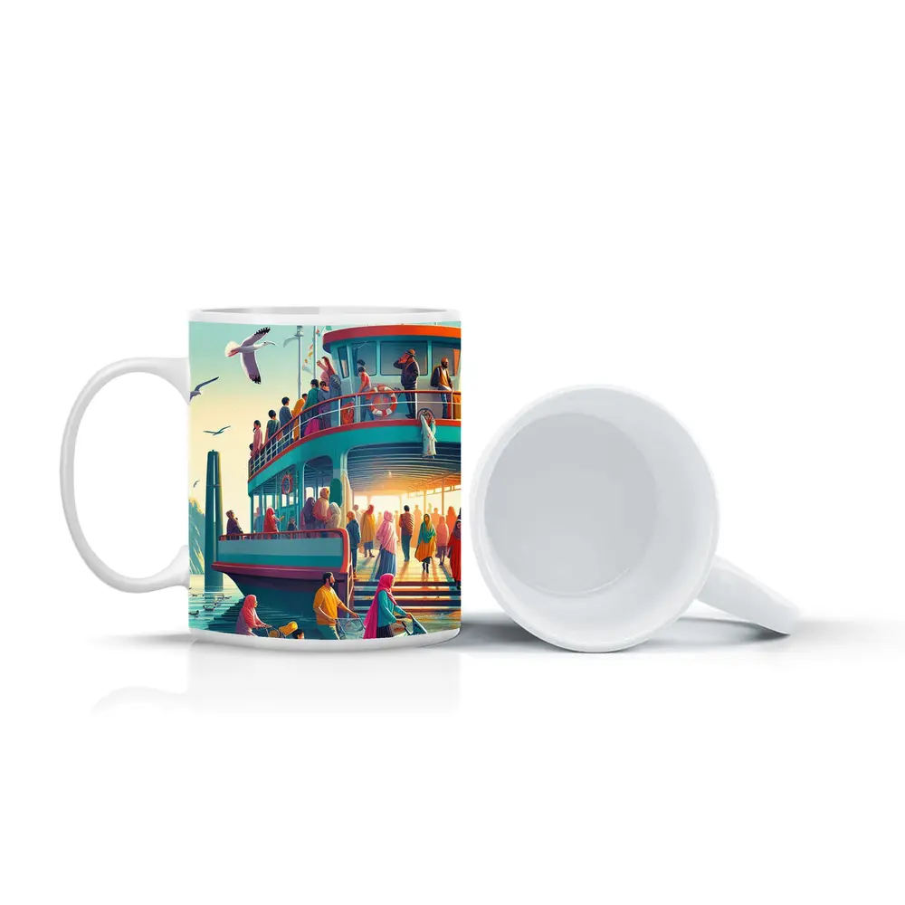 Colorful Ferry Dock Crowd Illustration Art – Mugs