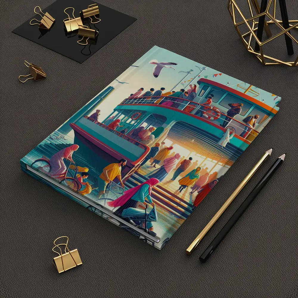 Colorful Ferry Dock Crowd Illustration Art – Notebooks