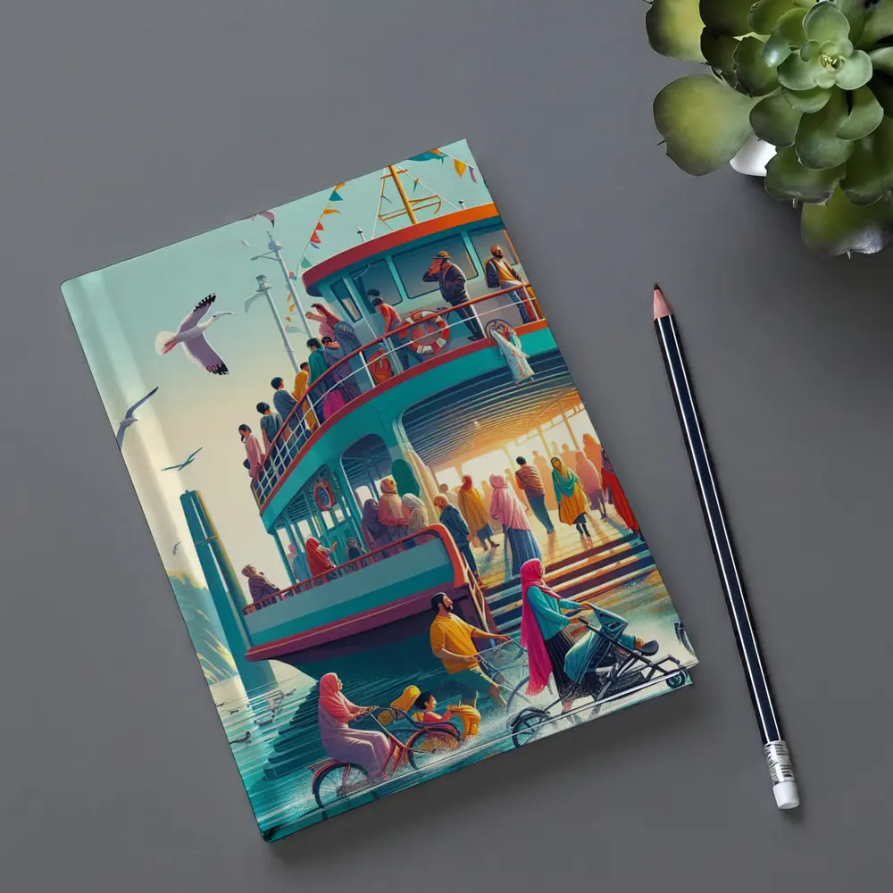Colorful Ferry Dock Crowd Illustration Art – Notebooks