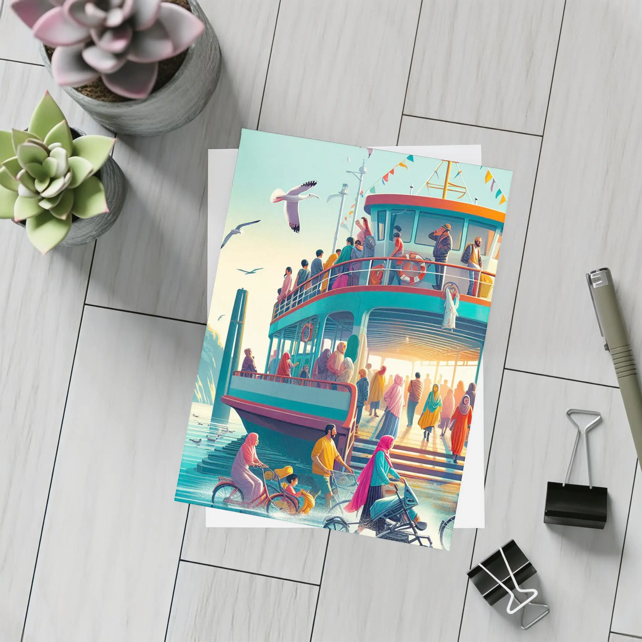Colorful Ferry Dock Crowd Illustration Art – Postcards