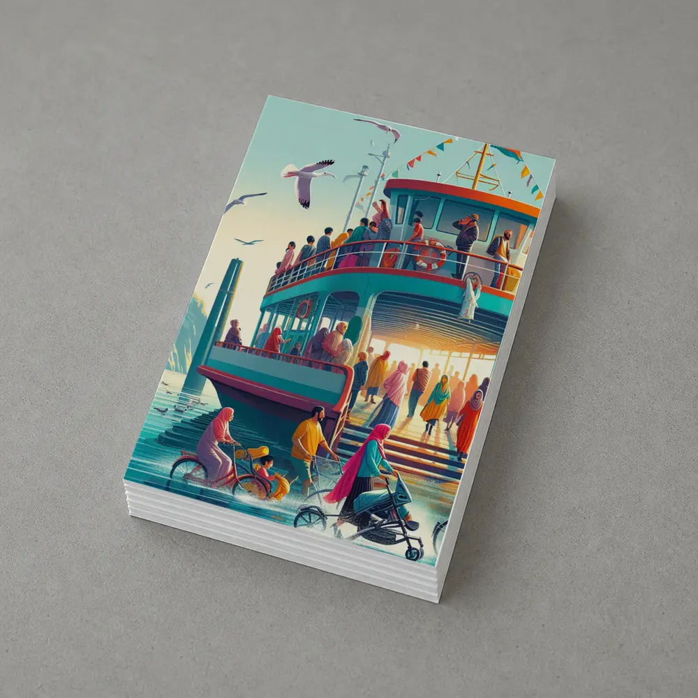Colorful Ferry Dock Crowd Illustration Art – Postcards