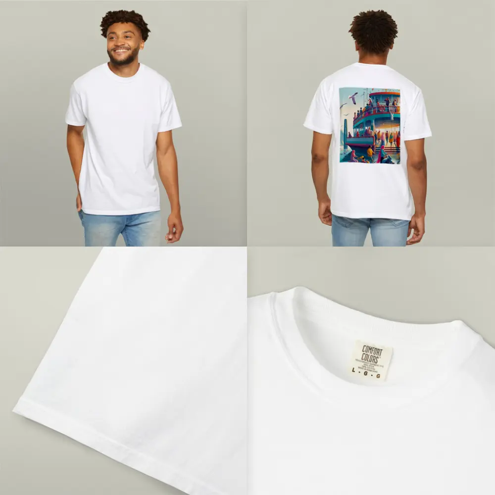 Colorful Ferry Dock Crowd Illustration Art – T-Shirts