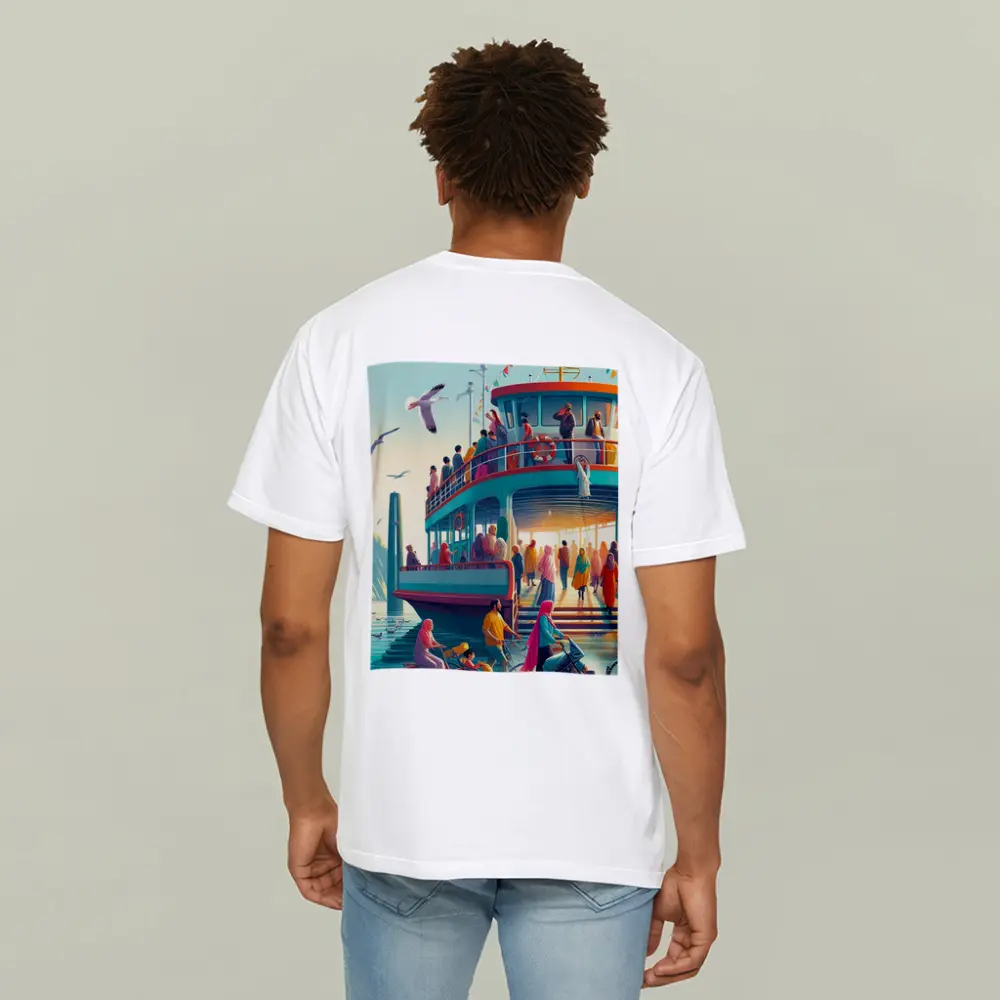 Colorful Ferry Dock Crowd Illustration Art – T-Shirts