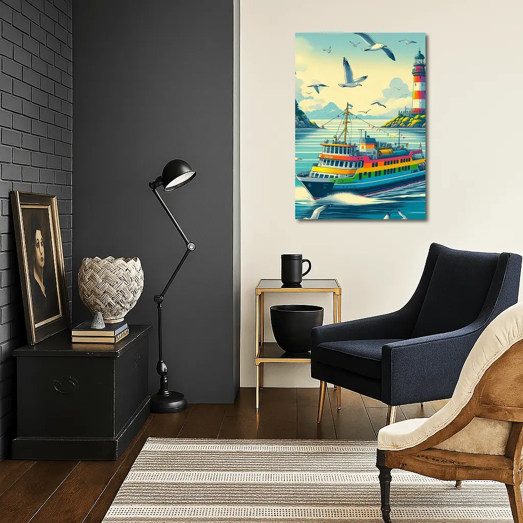 Colorful Ferry Boat Lighthouse Coastal Scene – Wall Art