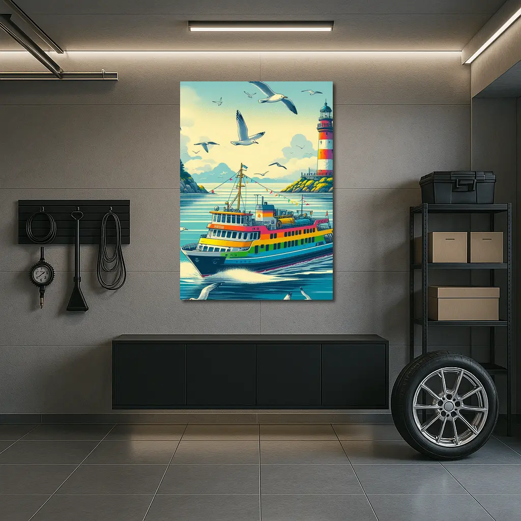 Colorful Ferry Boat Lighthouse Coastal Scene – Wall Art