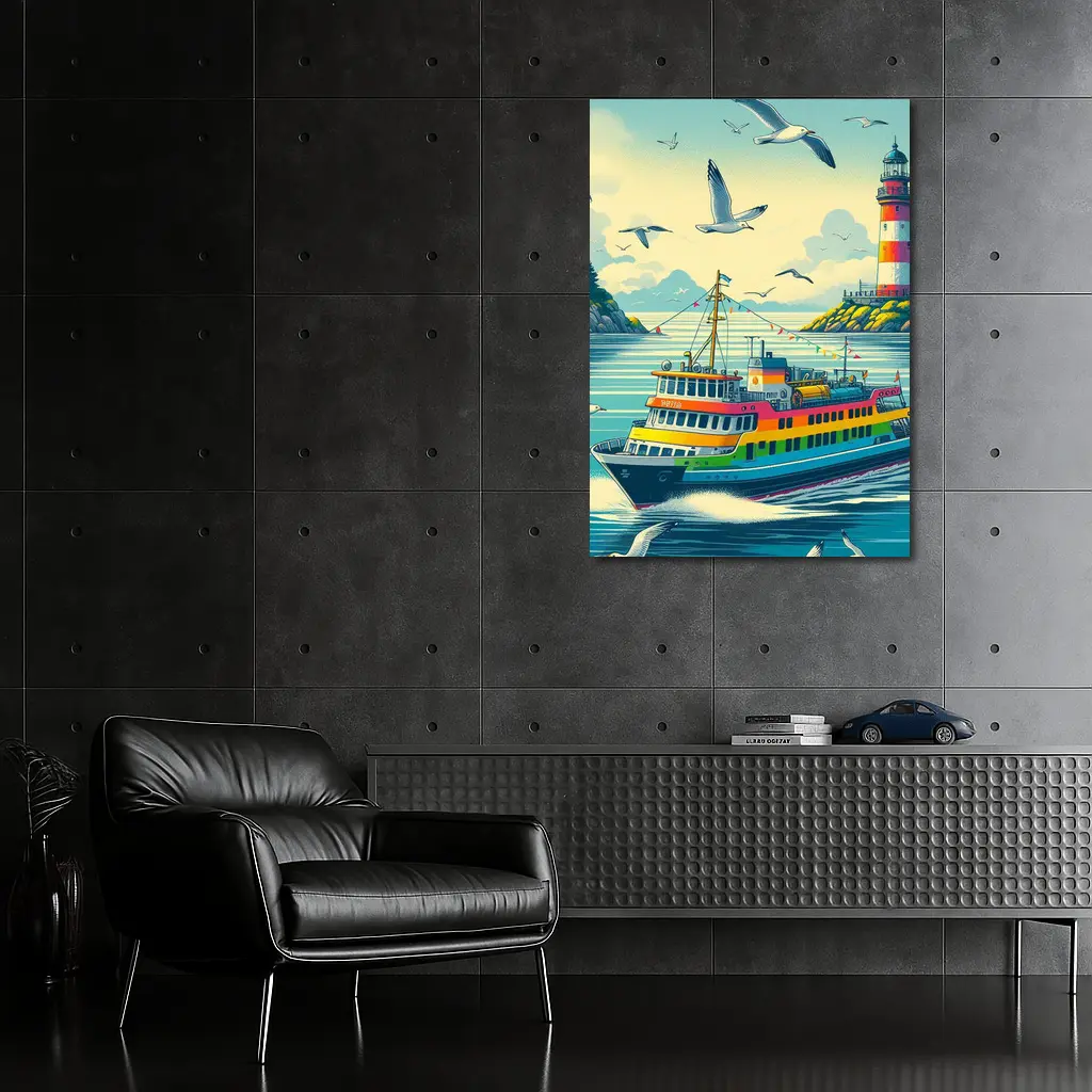 Colorful Ferry Boat Lighthouse Coastal Scene – Wall Art
