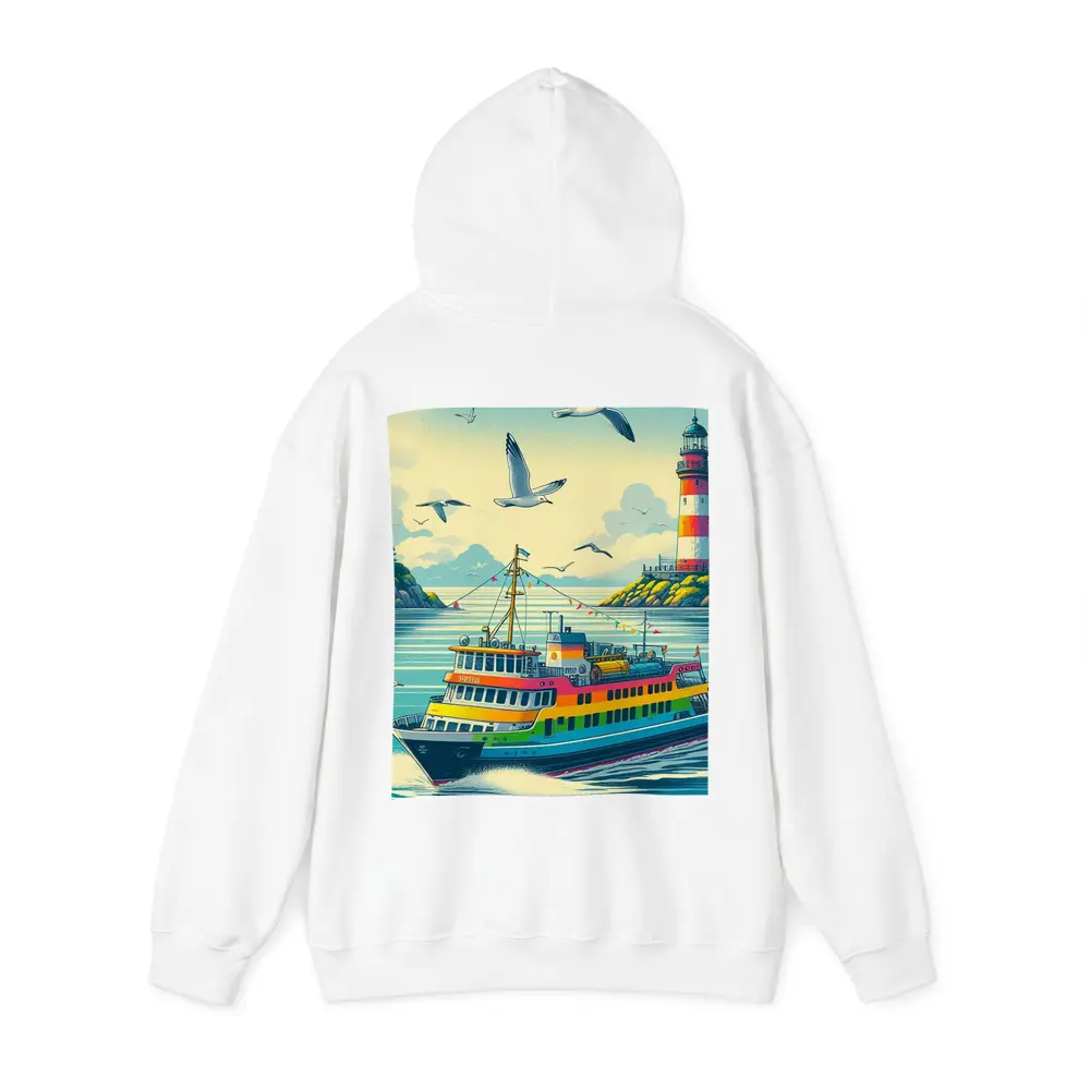 Colorful Ferry Boat Lighthouse Coastal Scene – Hoodies