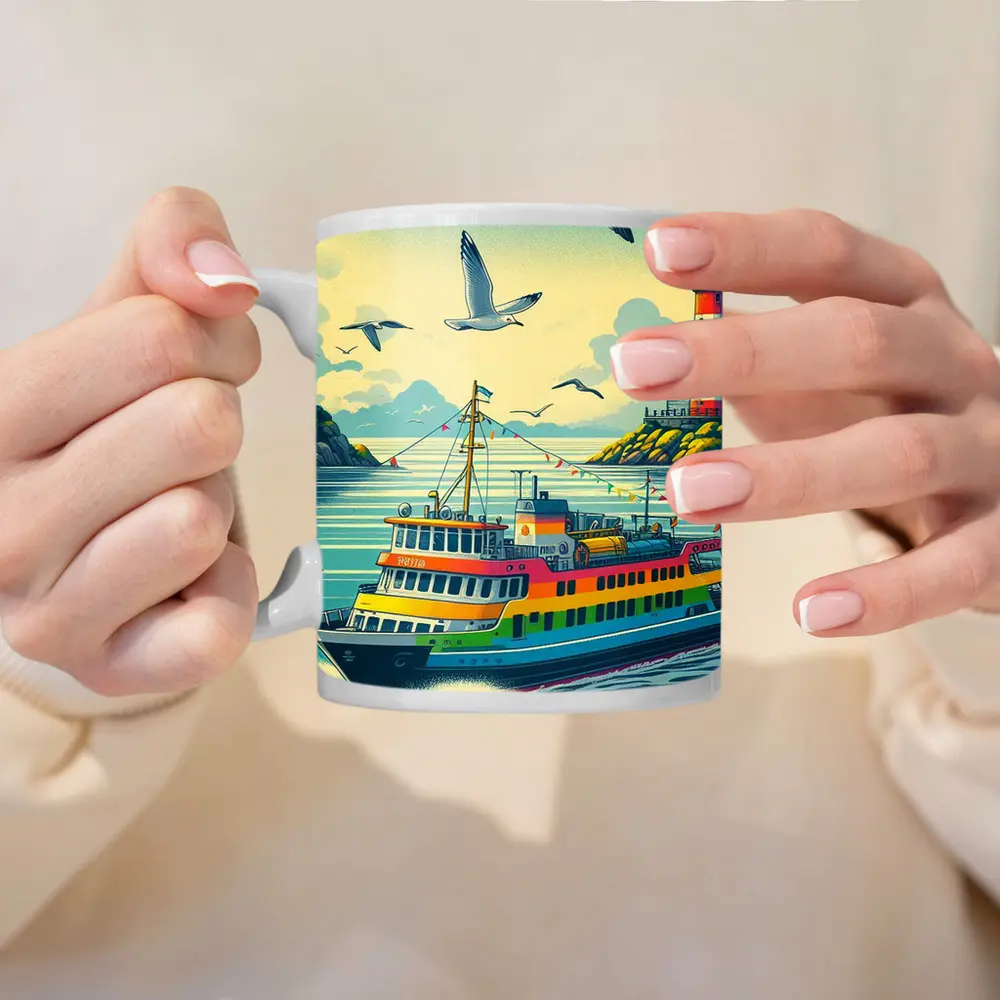 Colorful Ferry Boat Lighthouse Coastal Scene – Mugs
