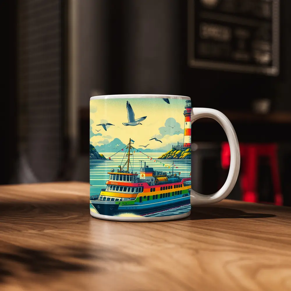 Colorful Ferry Boat Lighthouse Coastal Scene – Mugs