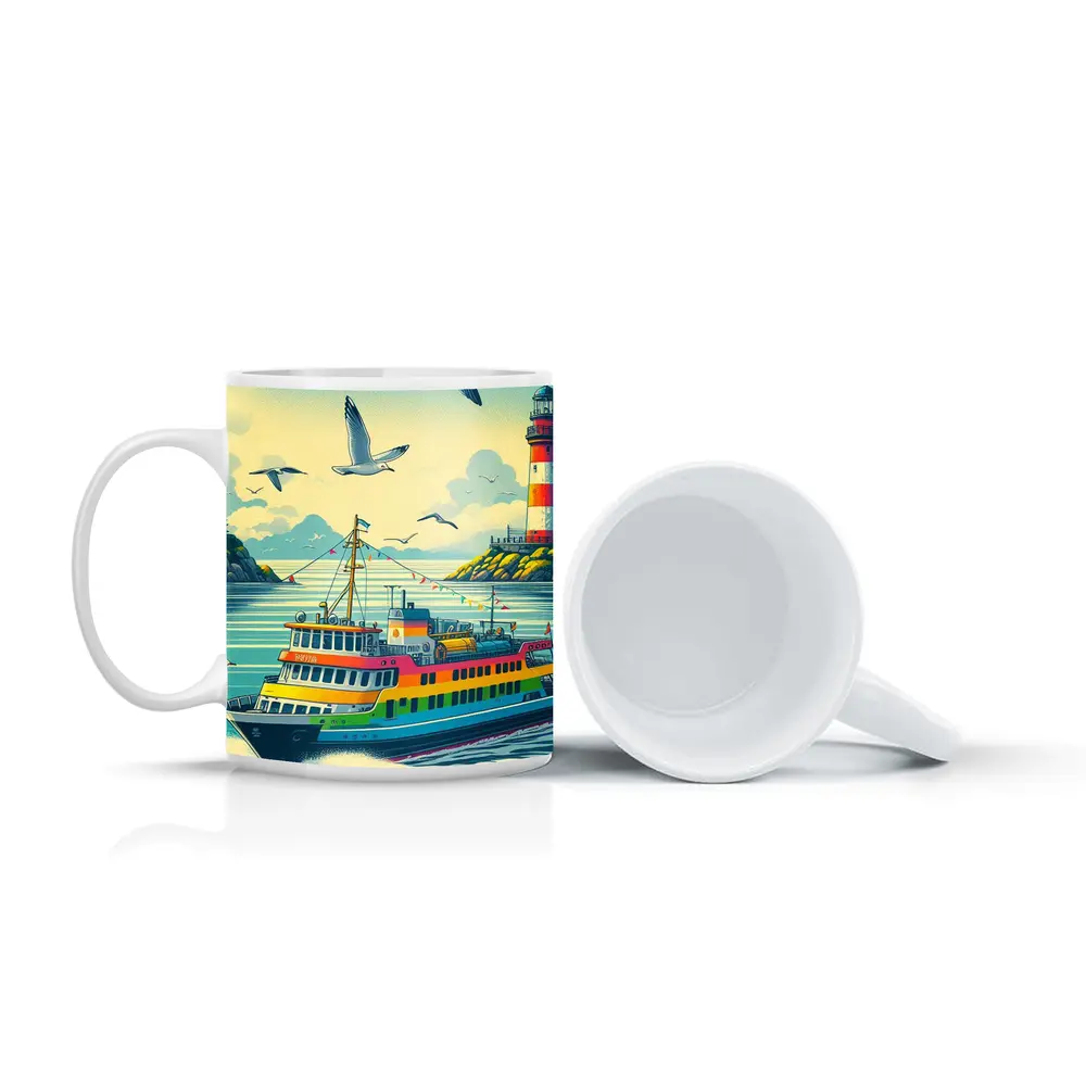 Colorful Ferry Boat Lighthouse Coastal Scene – Mugs