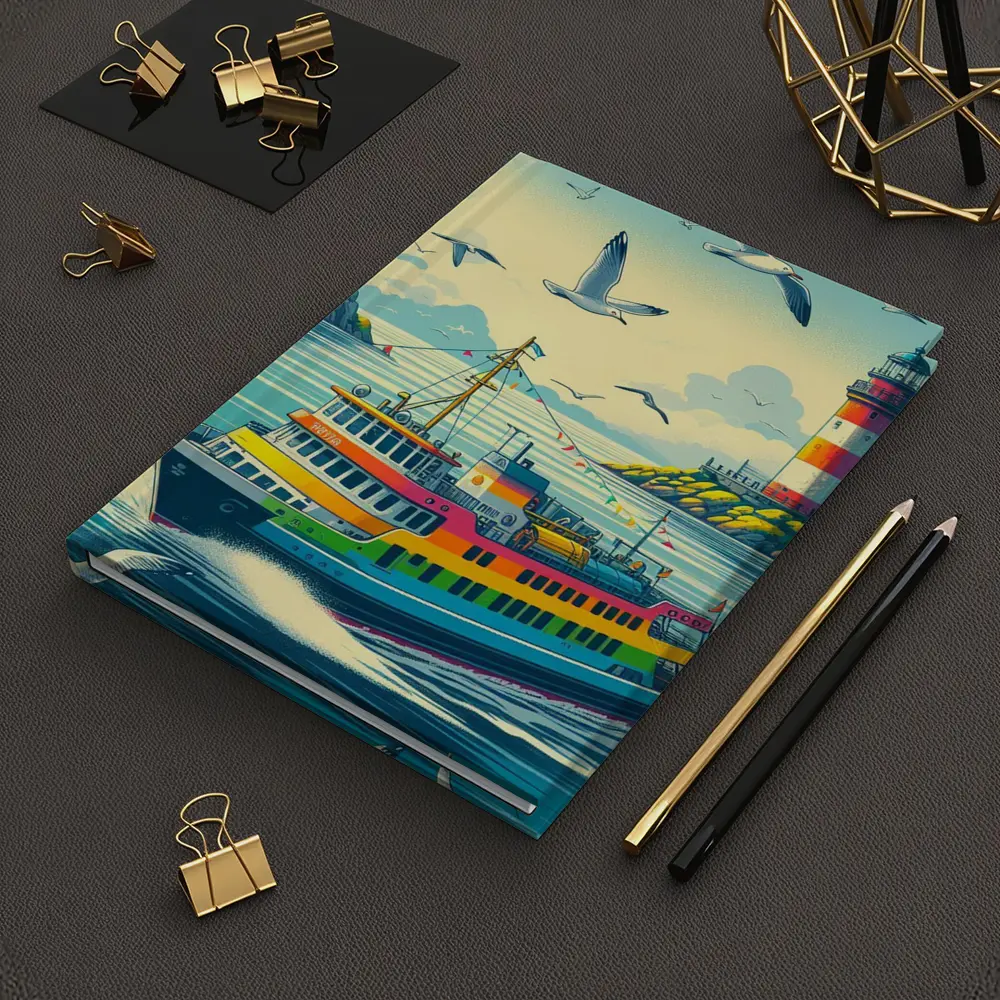 Colorful Ferry Boat Lighthouse Coastal Scene – Notebooks