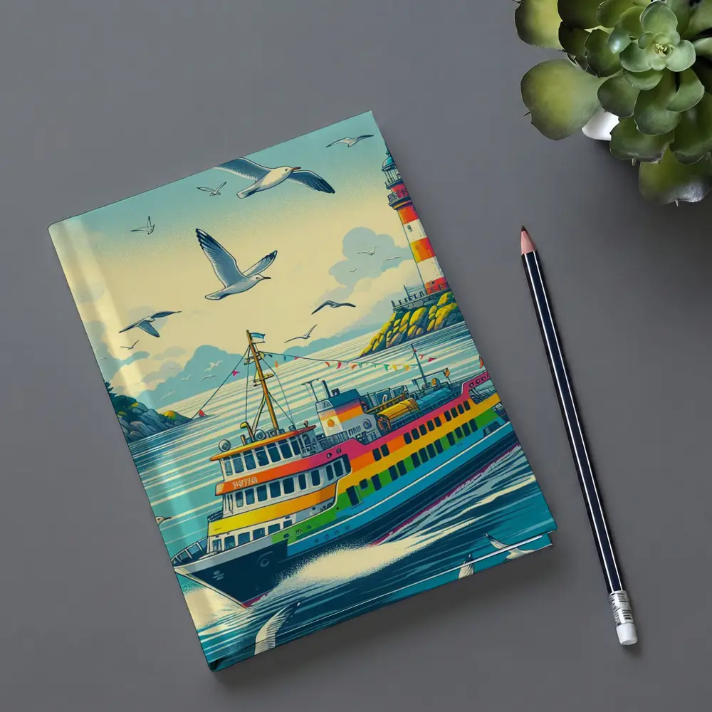 Colorful Ferry Boat Lighthouse Coastal Scene – Notebooks